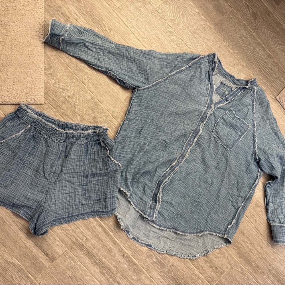 Aerie Pool coverup with matching shorts - Denim Blue Button-Up Shirt & Short Set